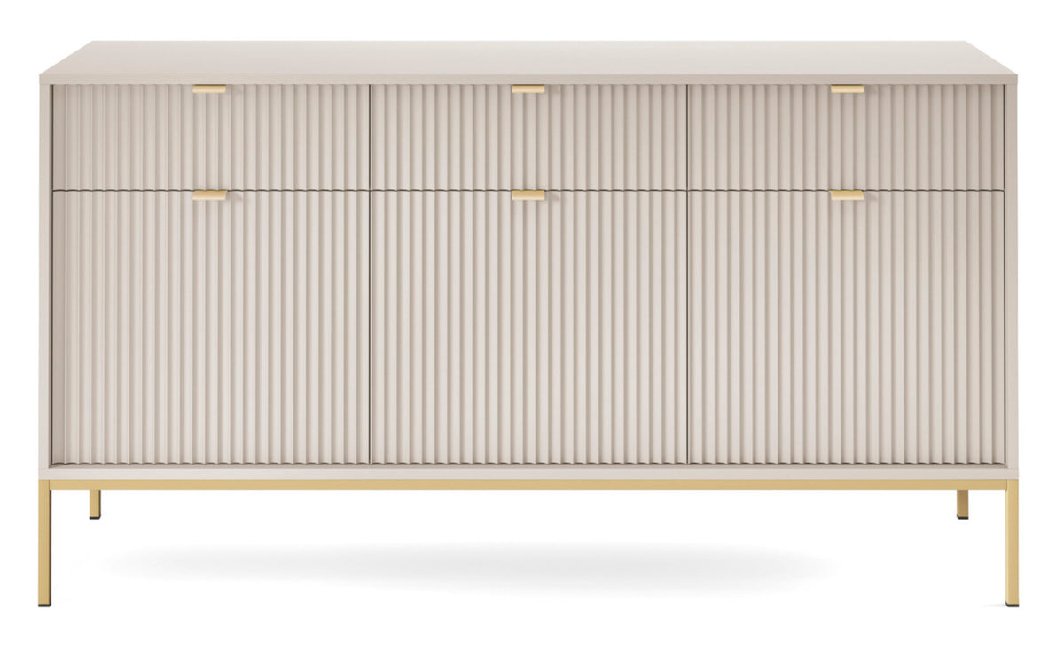 Drehtür-Kommode Vellore 154 cm Kaschmir mit gerillten Fronten und goldenem Gestell