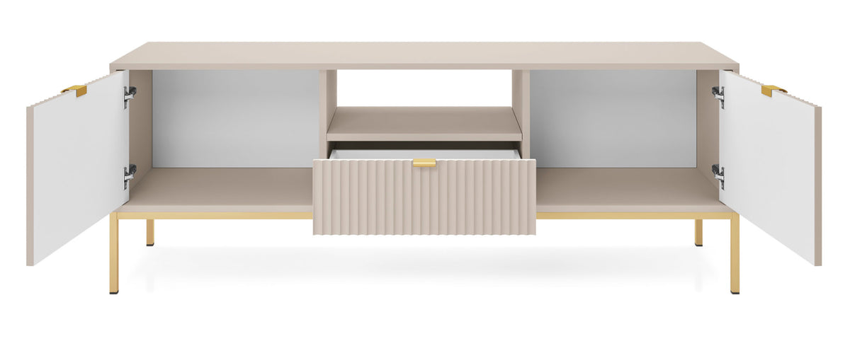 Meuble TV Vellore 154 cm cachemire avec façades rainurées et structure dorée