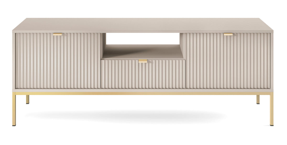 Meuble TV Vellore 154 cm cachemire avec façades rainurées et structure dorée