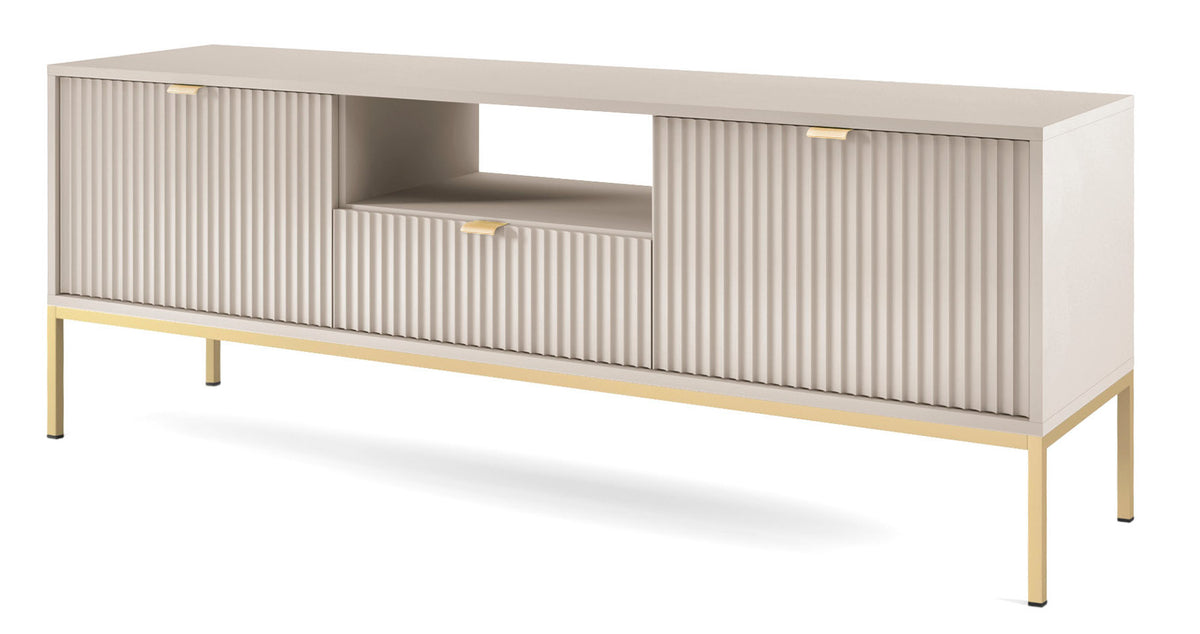 Meuble TV Vellore 154 cm cachemire avec façades rainurées et structure dorée