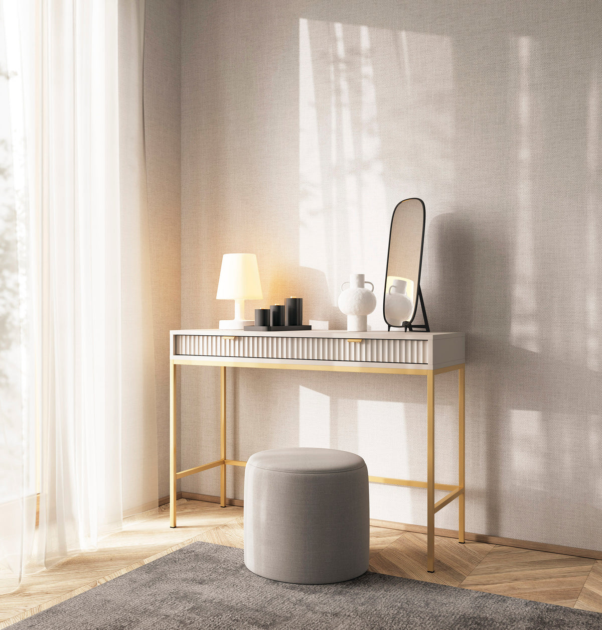 Bureau coiffeuse Vellore 104 cm cachemire avec façades cannelées et structure dorée