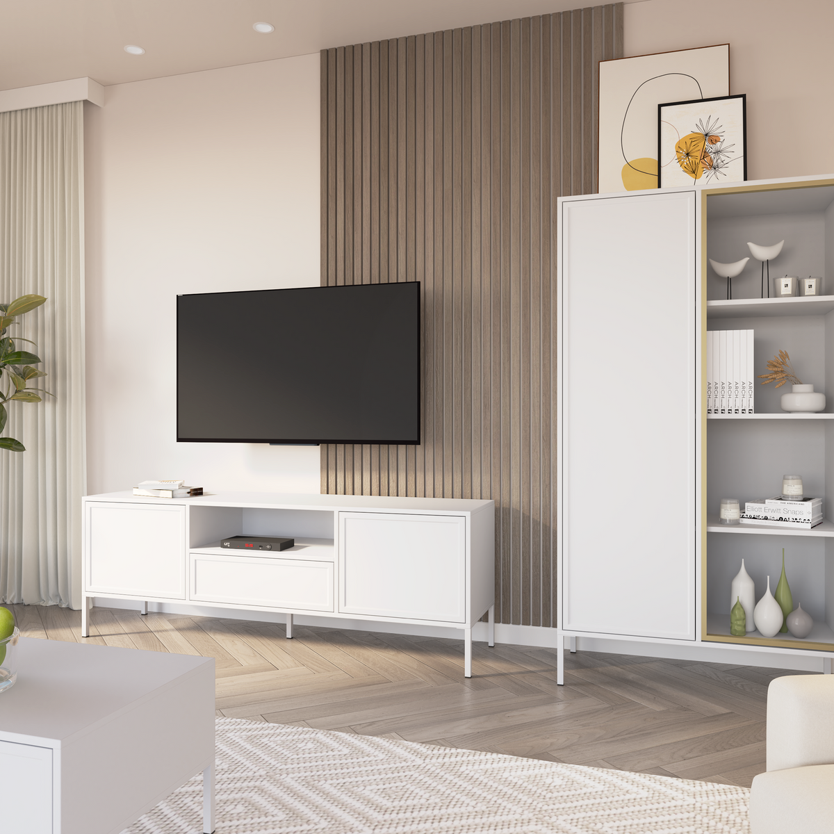 Meuble TV Velveto 2 portes avec tiroir et niche 160 cm blanc