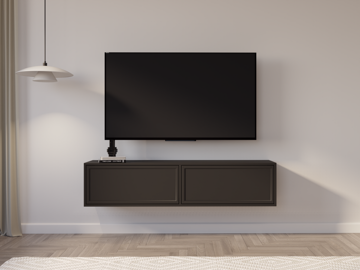 Meuble TV Velveto suspendu avec deux portes abattantes 140 cm noir