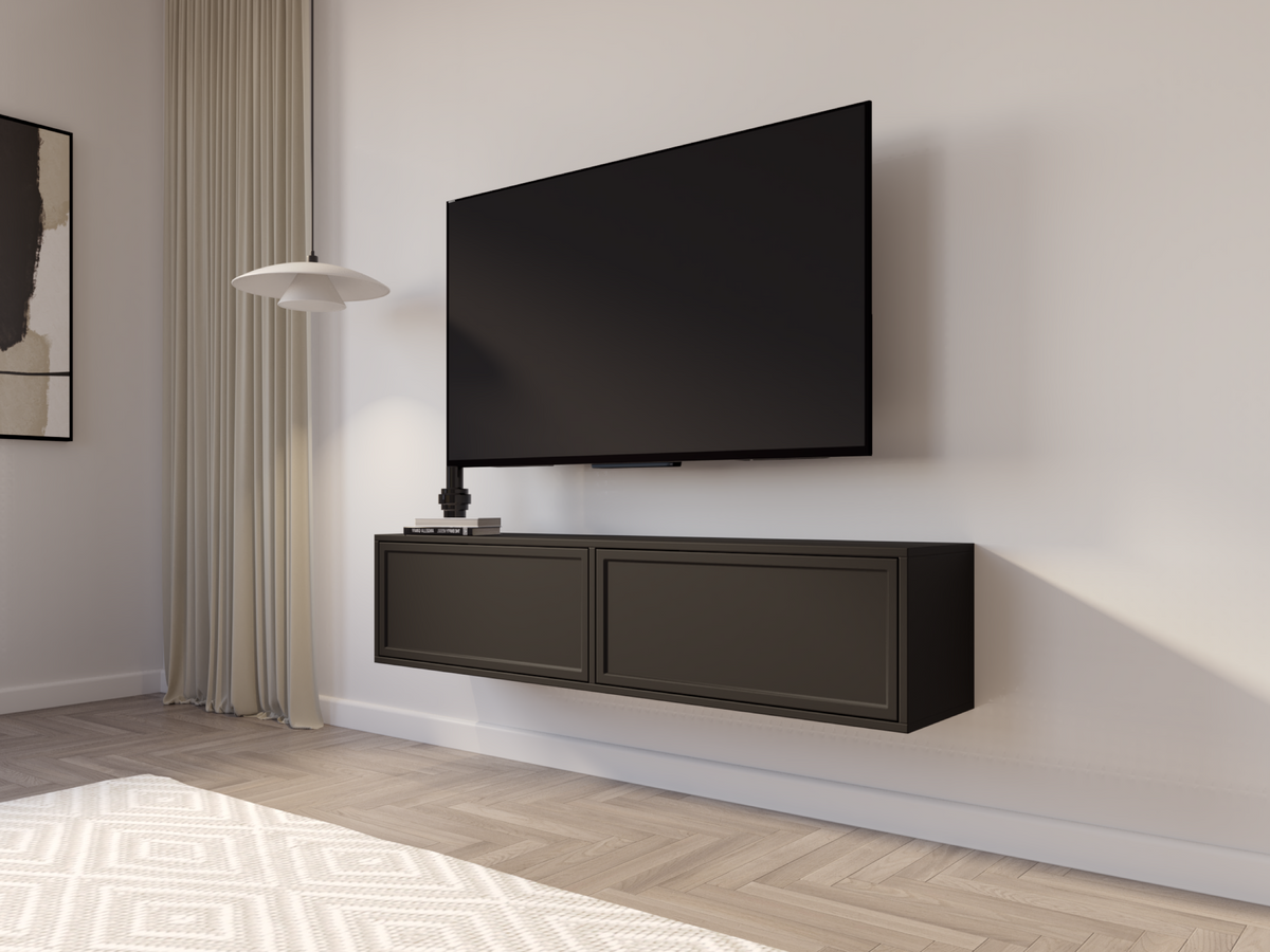 Meuble TV Velveto suspendu avec deux portes abattantes 140 cm noir
