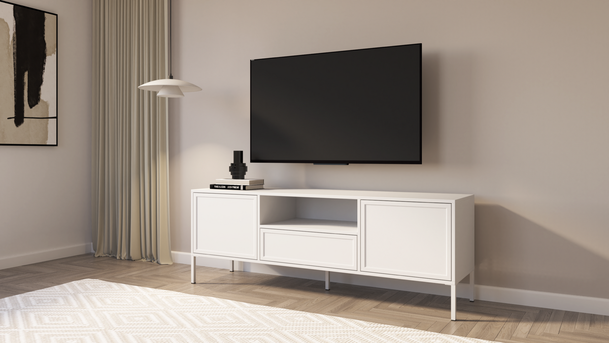 Meuble TV Velveto 2 portes avec tiroir et niche 160 cm blanc