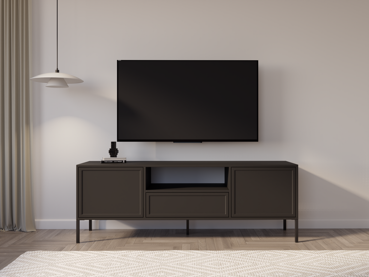 Meuble TV Velveto 160 cm 2 portes avec tiroir et niche noir