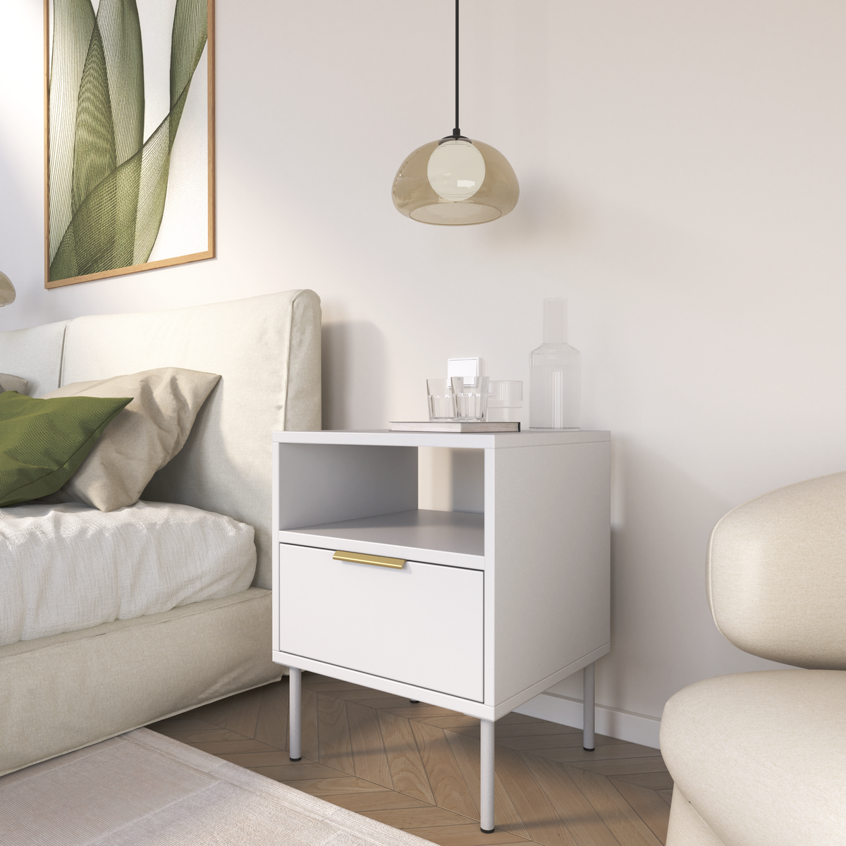Nachttisch Vena mit Schublade und Fach, 45 cm, weiß