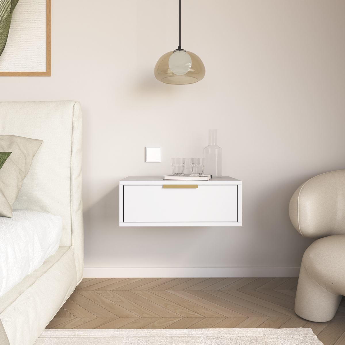 Table de chevet Vena suspendue avec tiroir 50 cm blanc
