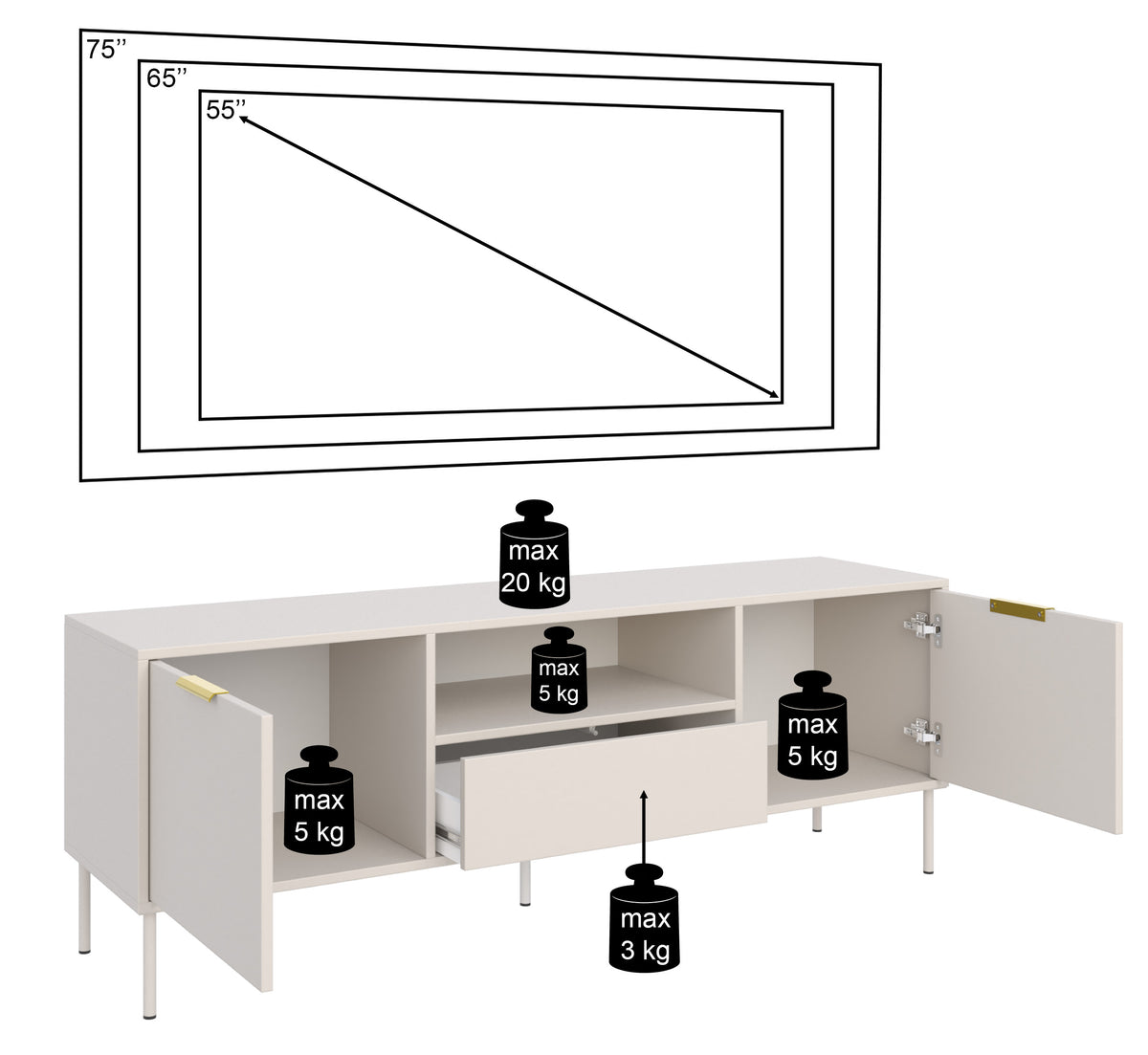 Meuble TV Vena 2 portes avec tiroir et niche 160 cm noir