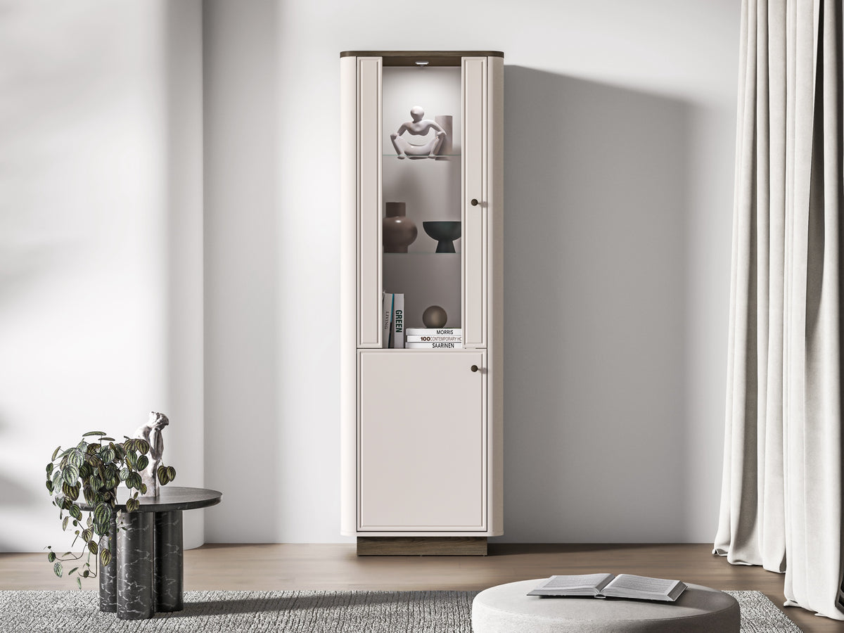 Vitrine haute Vilavio 2 portes avec éclairage 65 cm Cachemire/Chêne Windmill Dark