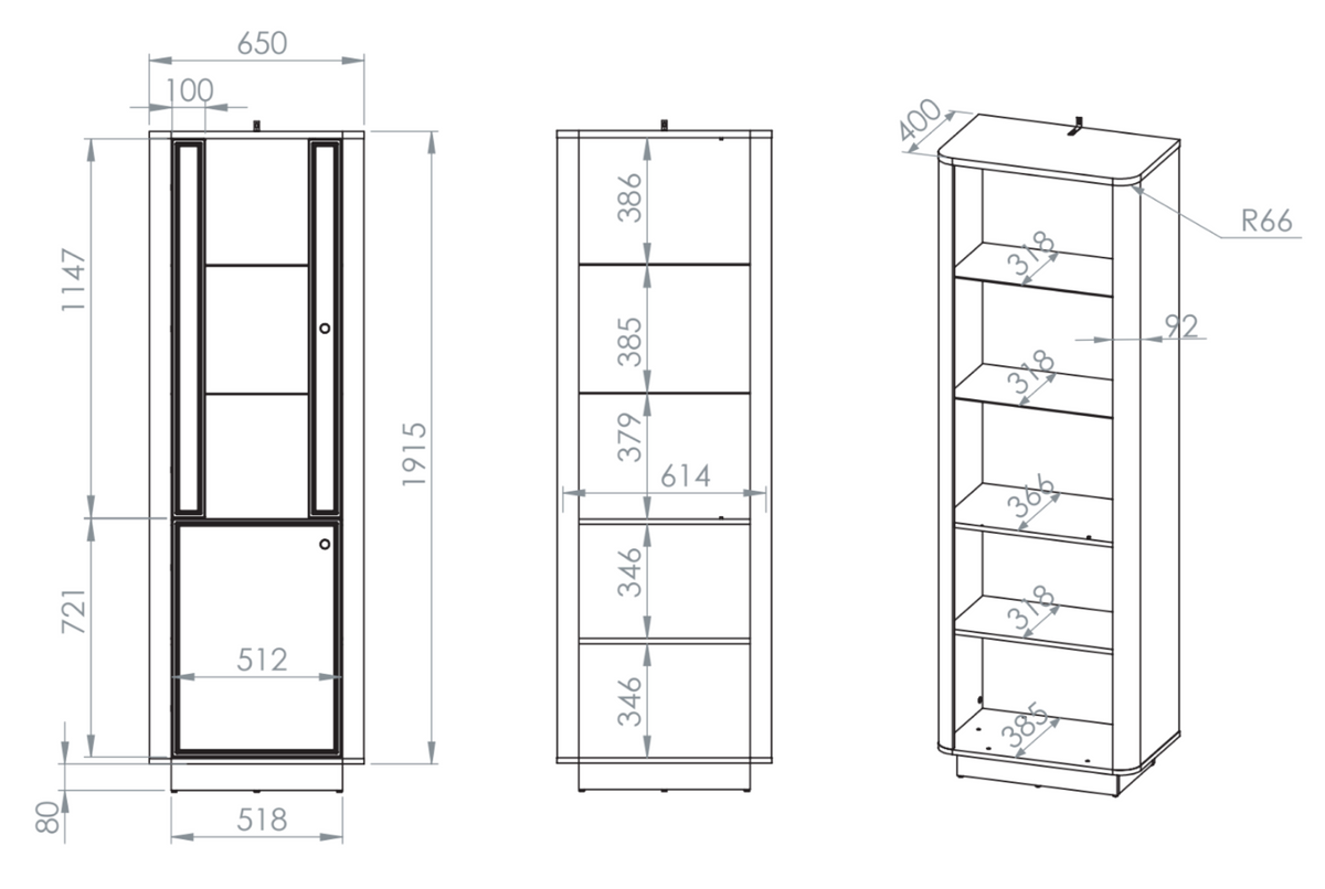 Vitrine haute Vilavio 2 portes avec éclairage 65 cm Cachemire/Chêne Windmill Dark