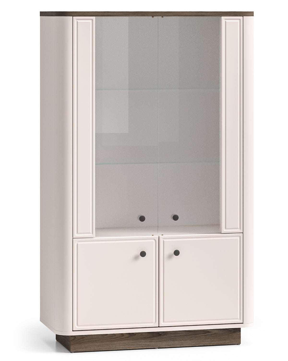 Niedriger Vitrinenschrank Vilavio mit vier Türen und Beleuchtung, 92 cm, Kaschmir/Eiche Windmill Dark