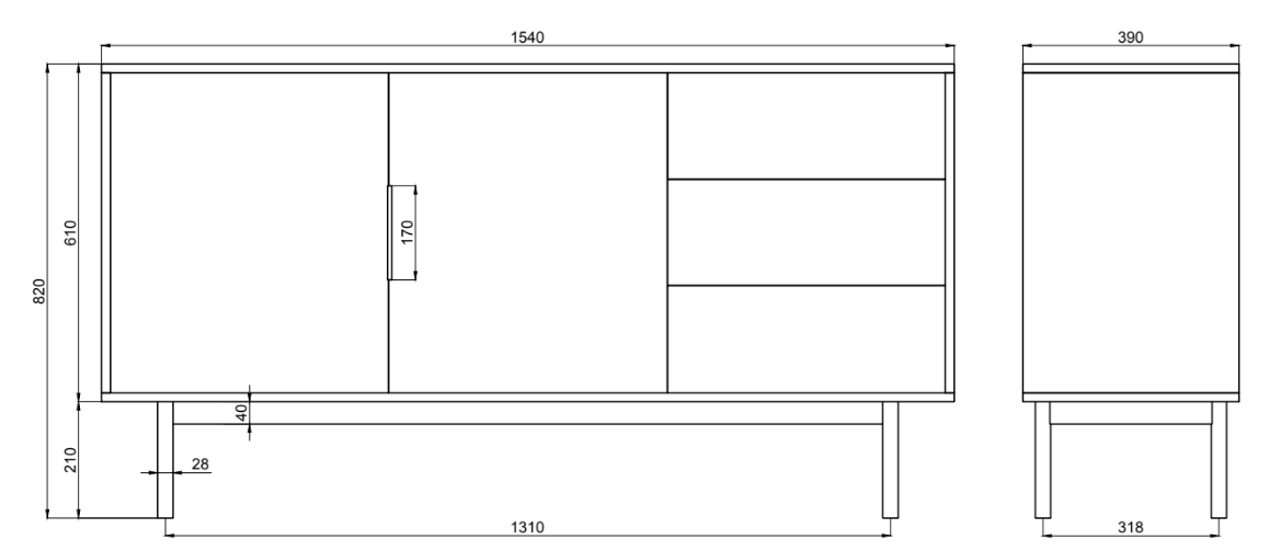 Commode deux portes Viviaro avec trois tiroirs 154 cm Noir
