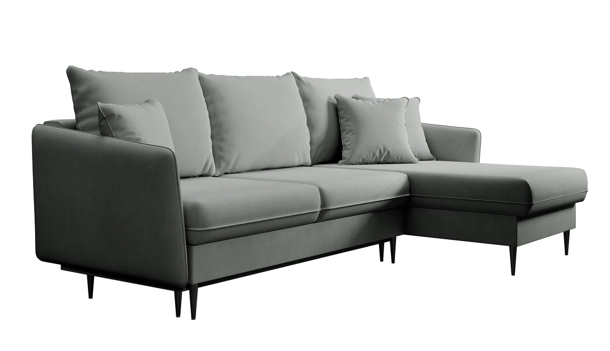 Canapé d'angle Volio gris velours hydrofuge pieds noirs avec fonction couchage