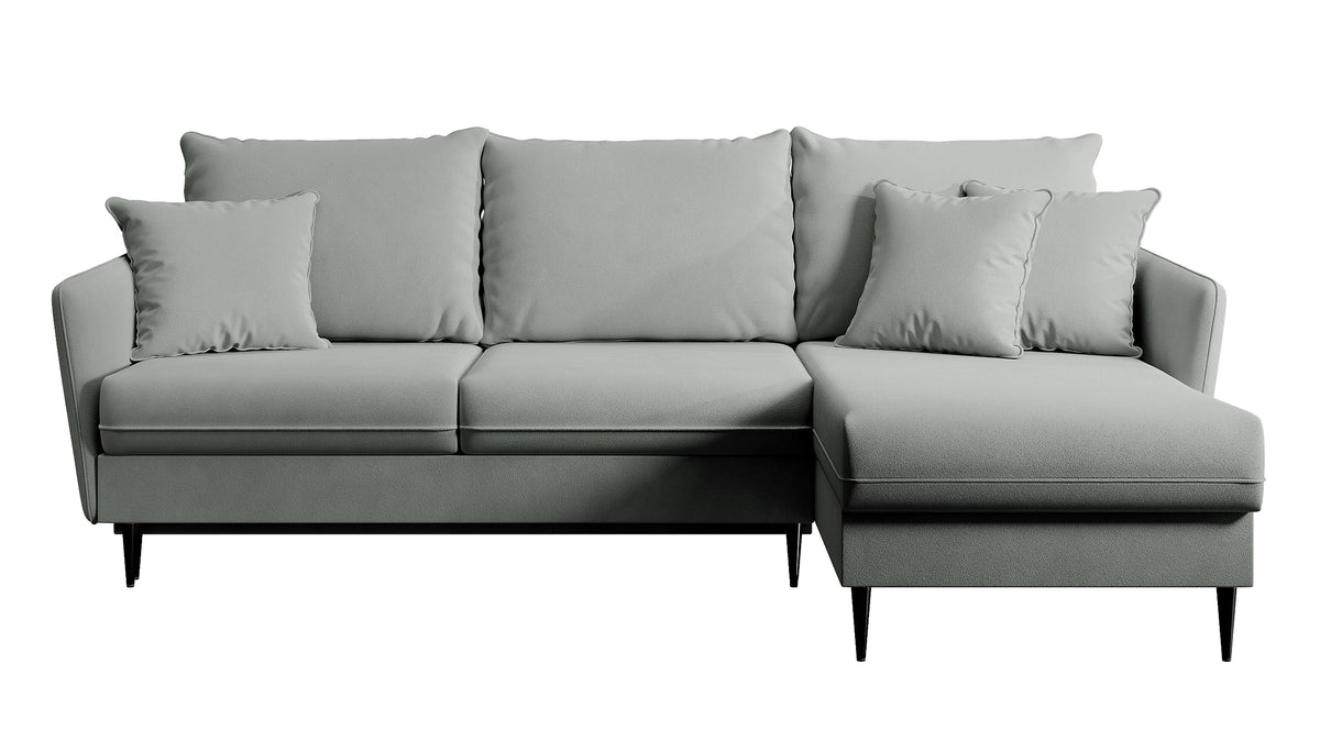 Canapé d'angle Volio gris velours hydrofuge pieds noirs avec fonction couchage