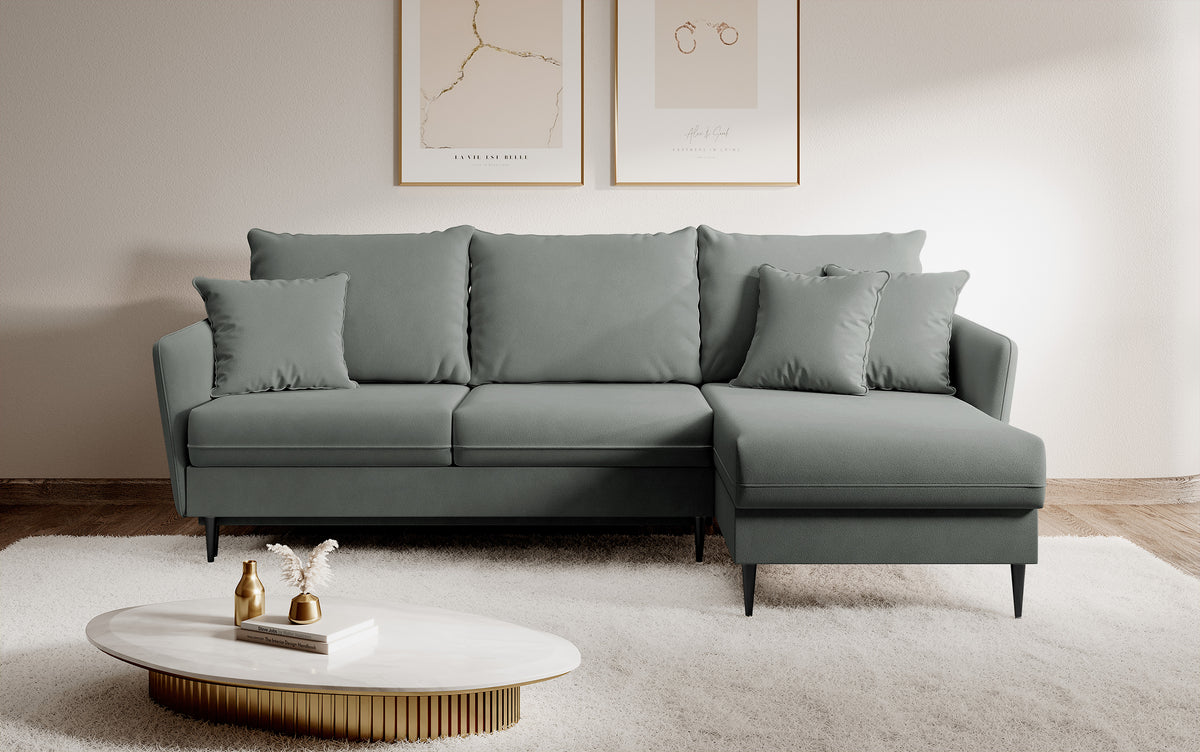 Canapé d'angle Volio gris velours hydrofuge pieds noirs avec fonction couchage