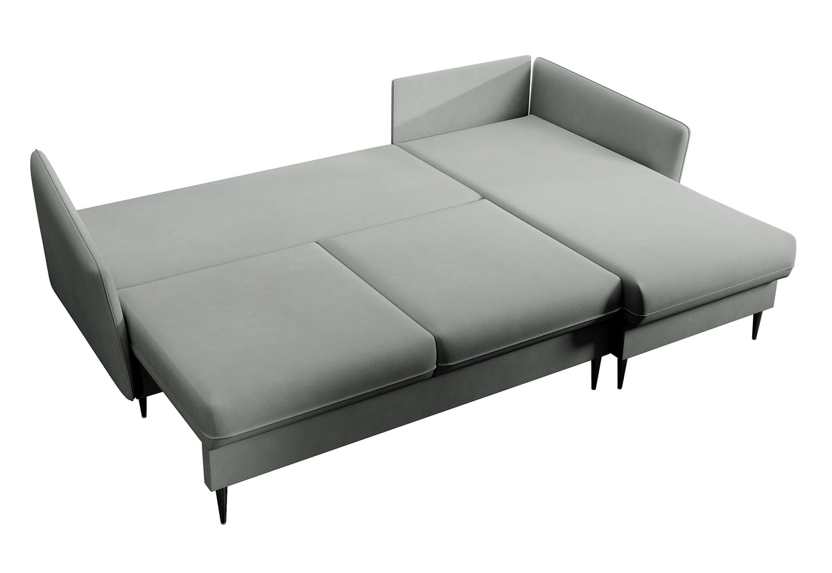 Canapé d'angle Volio gris velours hydrofuge pieds noirs avec fonction couchage