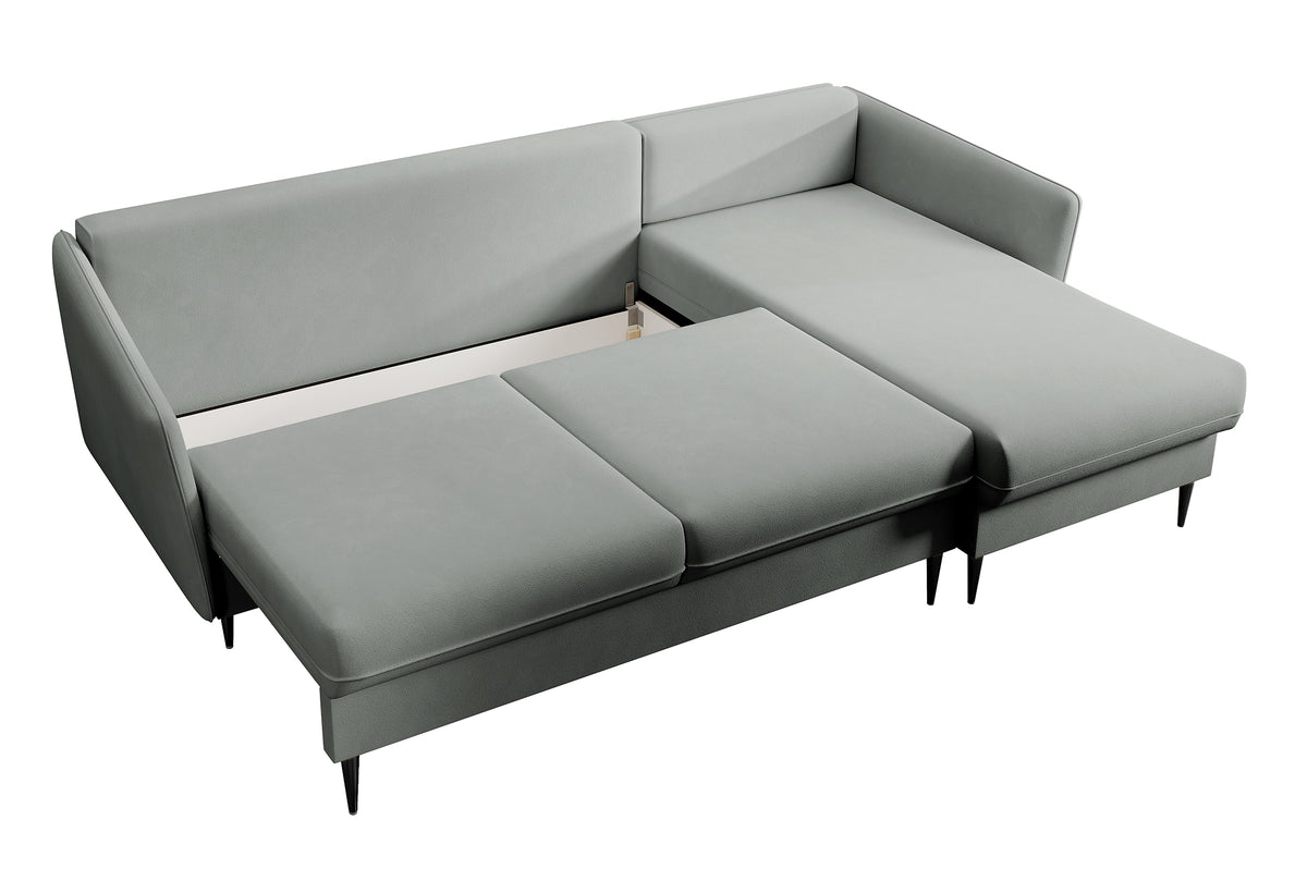 Canapé d'angle Volio gris velours hydrofuge pieds noirs avec fonction couchage