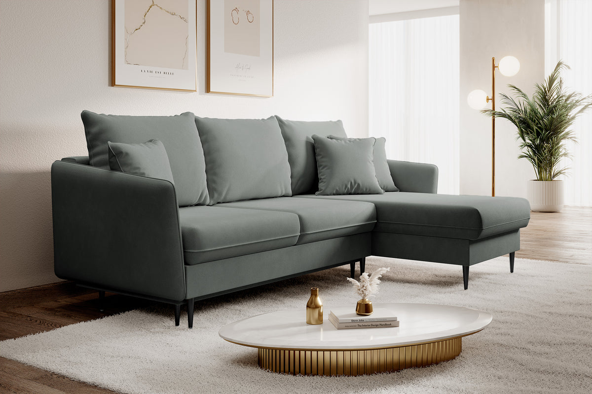 Canapé d'angle Volio gris velours hydrofuge pieds noirs avec fonction couchage