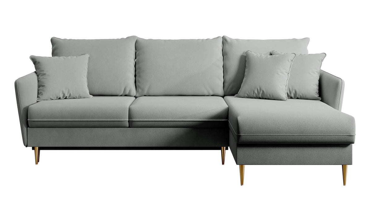 Canapé d'angle Volio avec fonction couchage, velours hydrofuge gris, pieds dorés
