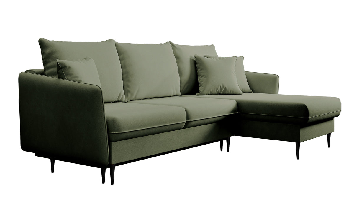 Ecksofa mit Schlaffunktion Volio, salbeigrüner, wasserabweisender Samt, universell, schwarze Beine
