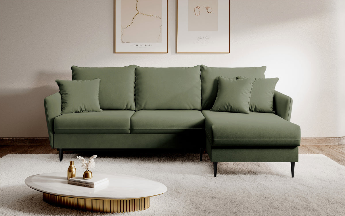 Ecksofa mit Schlaffunktion Volio, salbeigrüner, wasserabweisender Samt, universell, schwarze Beine