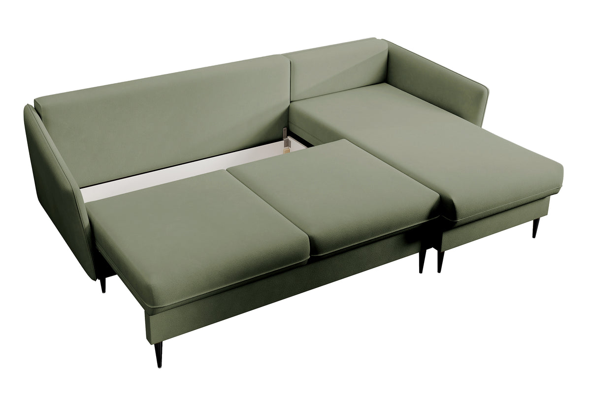 Ecksofa mit Schlaffunktion Volio, salbeigrüner, wasserabweisender Samt, universell, schwarze Beine
