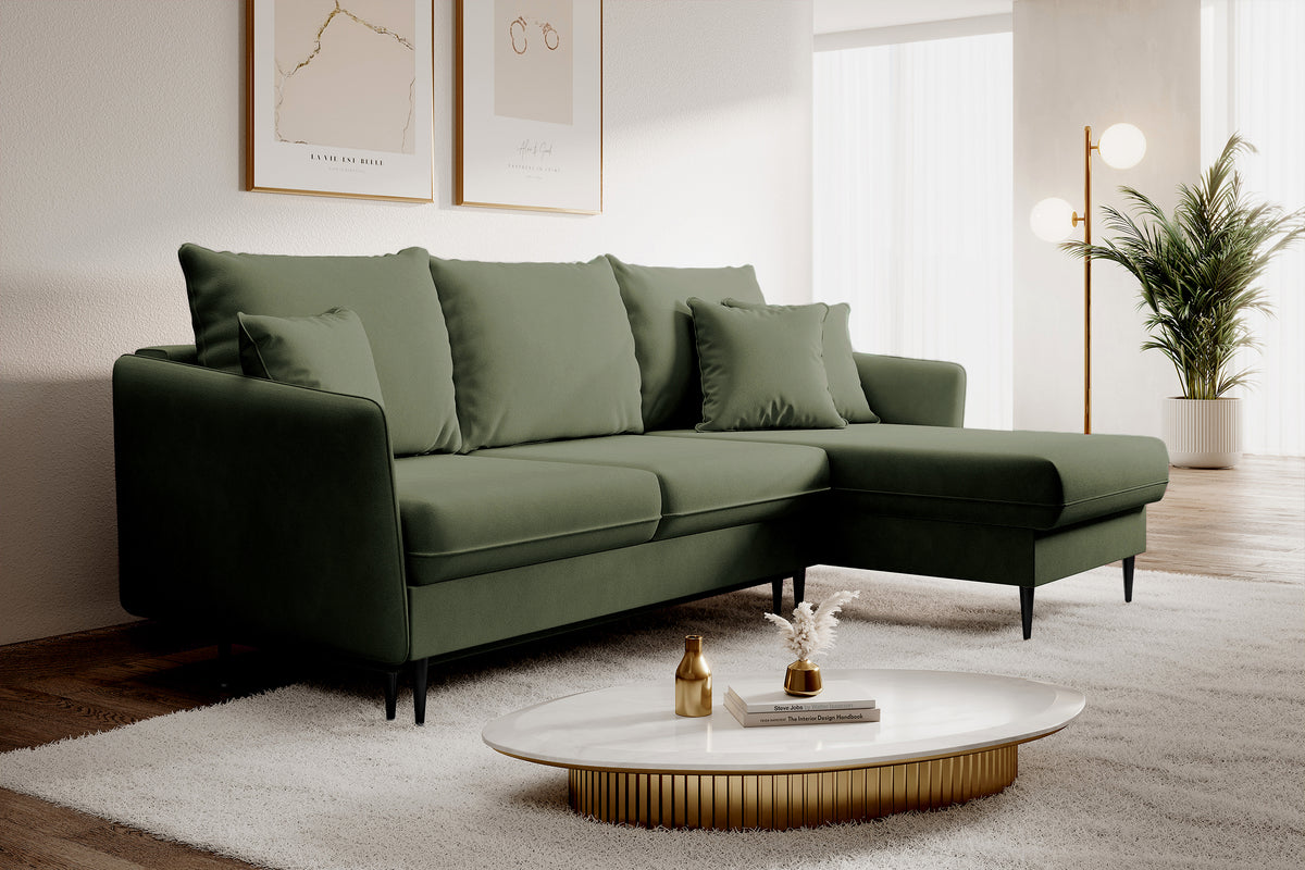 Ecksofa mit Schlaffunktion Volio, salbeigrüner, wasserabweisender Samt, universell, schwarze Beine