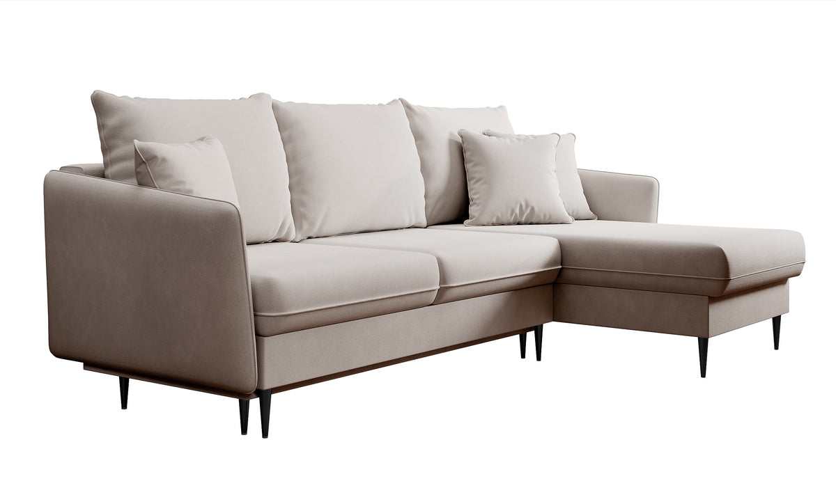 Canapé d'angle Volio beige velours hydrofuge pieds noirs avec fonction couchage