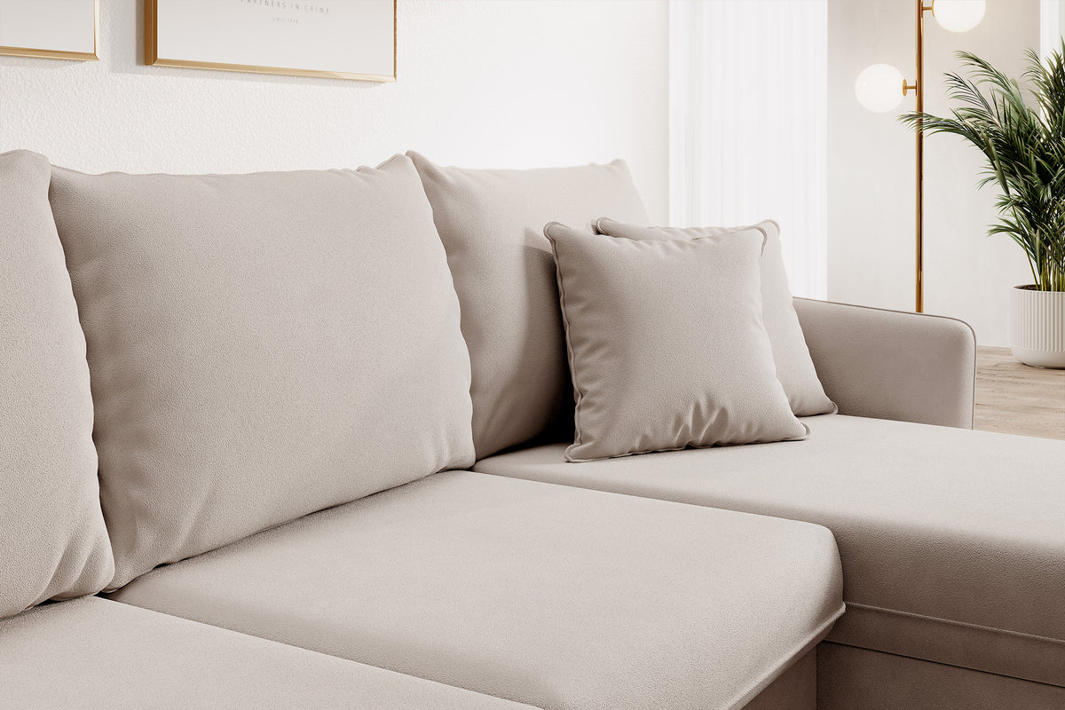 Canapé d'angle Volio beige velours hydrofuge pieds noirs avec fonction couchage