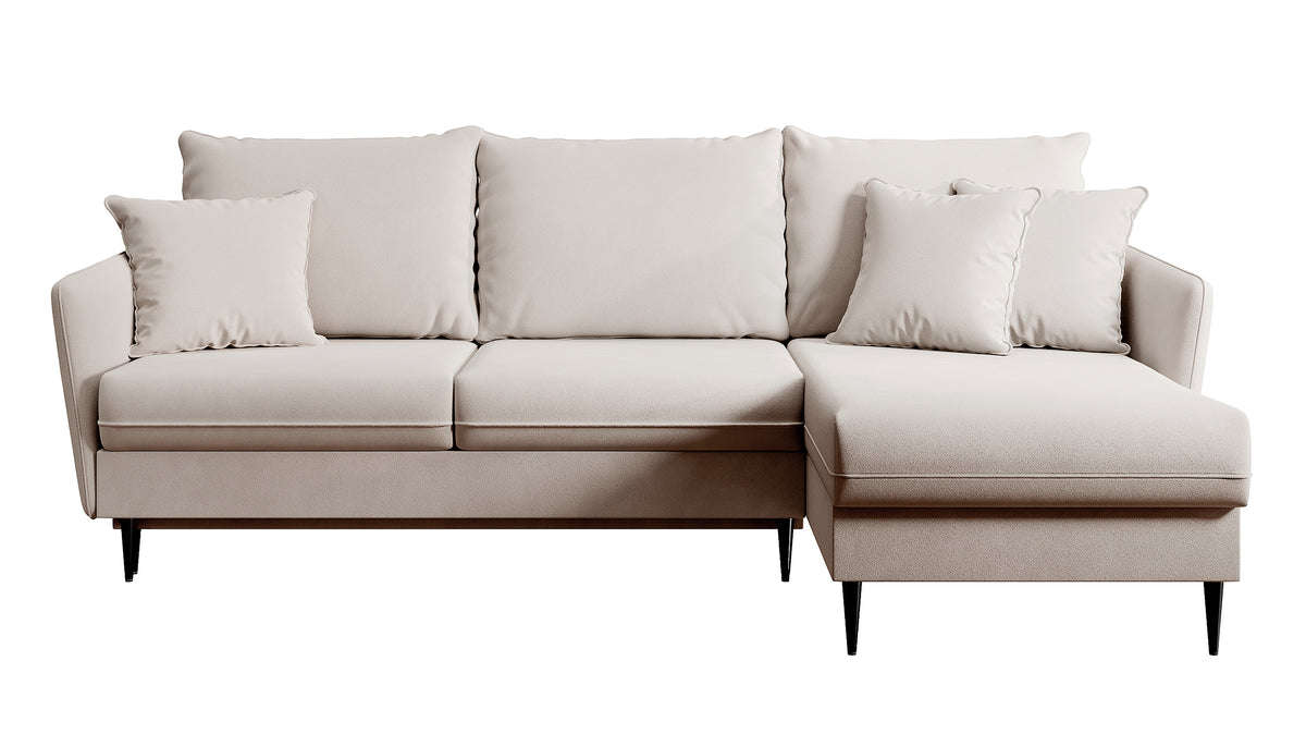 Canapé d'angle Volio beige velours hydrofuge pieds noirs avec fonction couchage