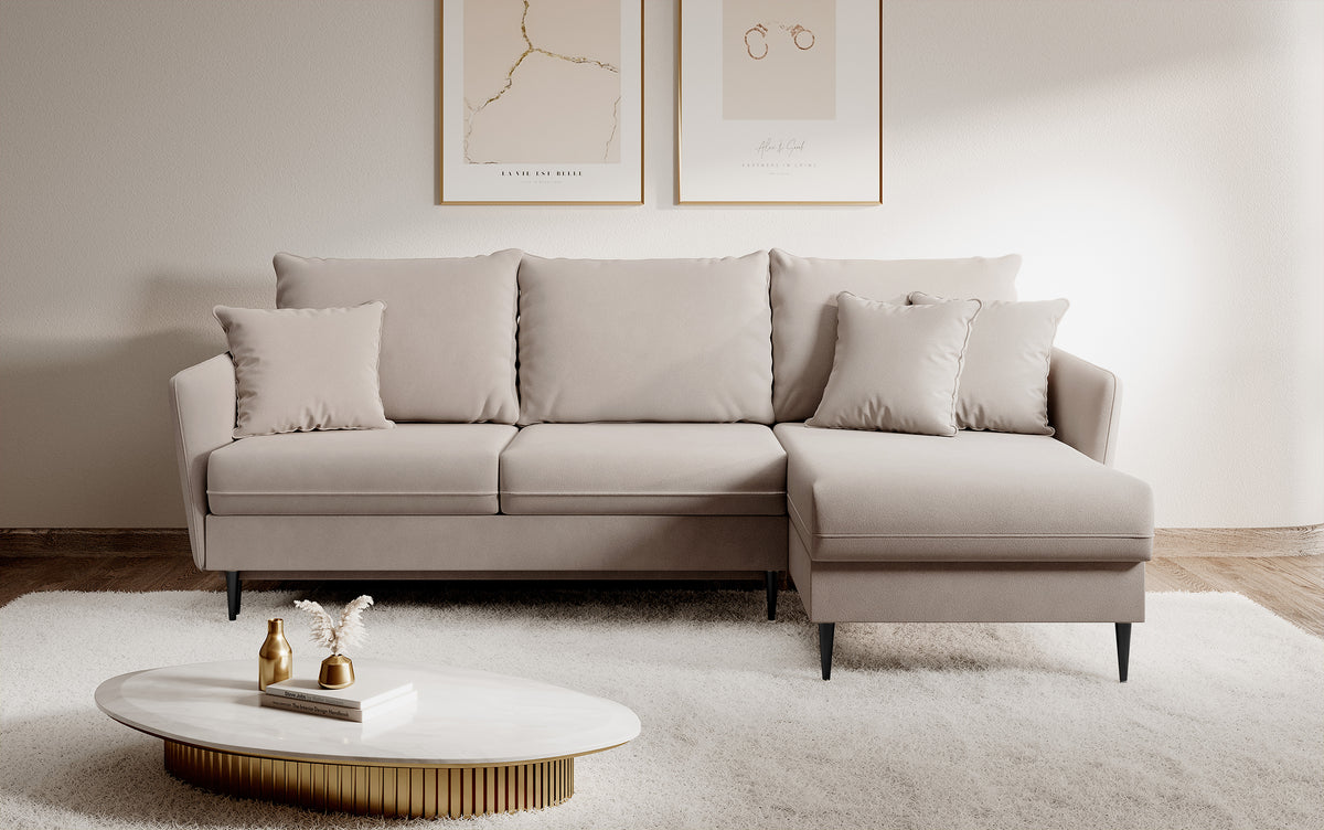 Canapé d'angle Volio beige velours hydrofuge pieds noirs avec fonction couchage