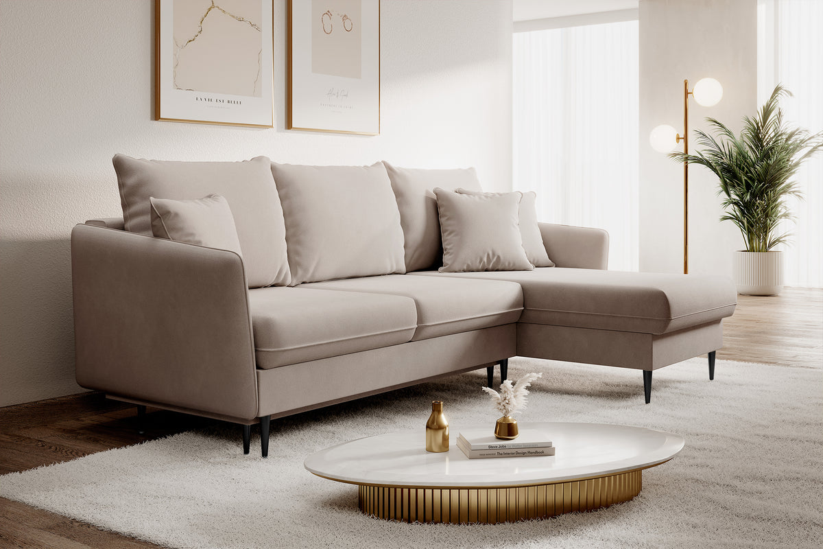 Canapé d'angle Volio beige velours hydrofuge pieds noirs avec fonction couchage