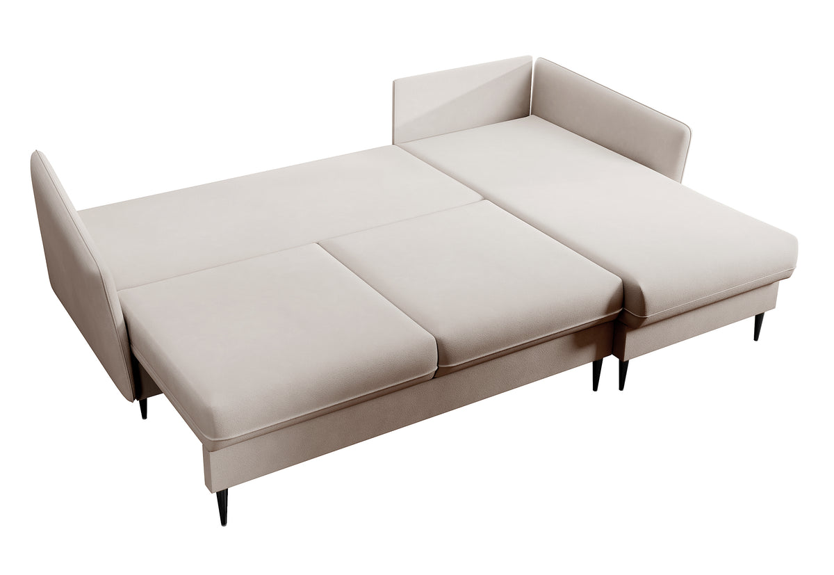 Canapé d'angle Volio beige velours hydrofuge pieds noirs avec fonction couchage