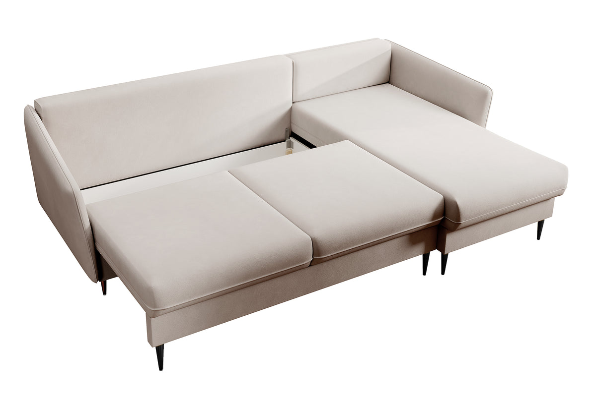 Canapé d'angle Volio beige velours hydrofuge pieds noirs avec fonction couchage