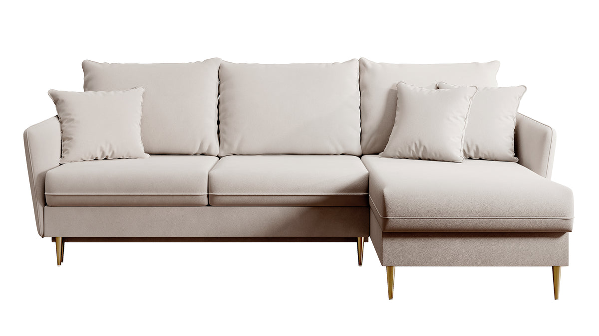 Canapé d'angle Volio beige velours hydrofuge pieds dorés avec fonction couchage