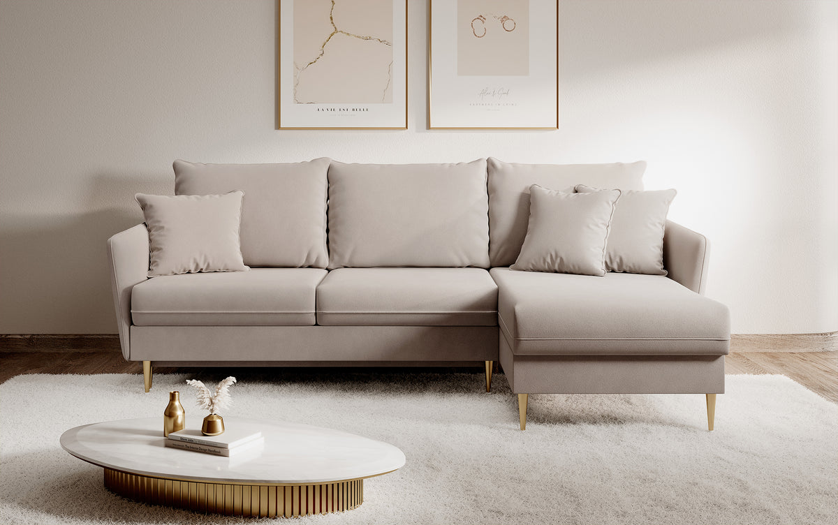 Canapé d'angle Volio beige velours hydrofuge pieds dorés avec fonction couchage
