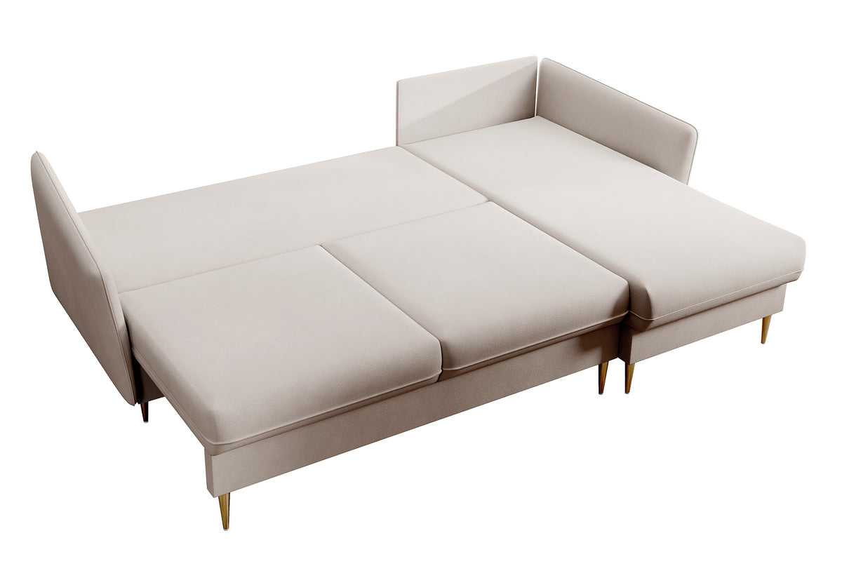 Canapé d'angle Volio beige velours hydrofuge pieds dorés avec fonction couchage