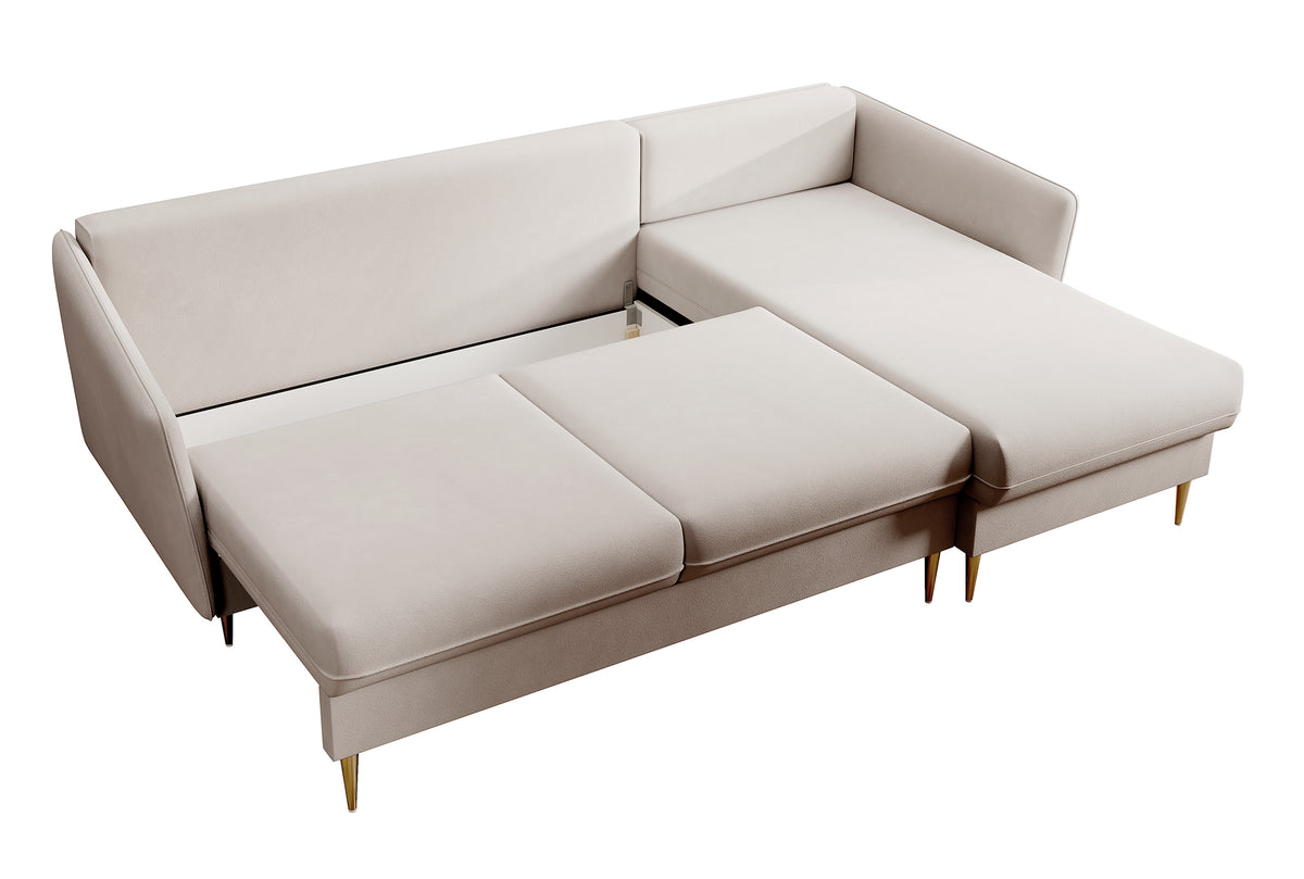 Canapé d'angle Volio beige velours hydrofuge pieds dorés avec fonction couchage