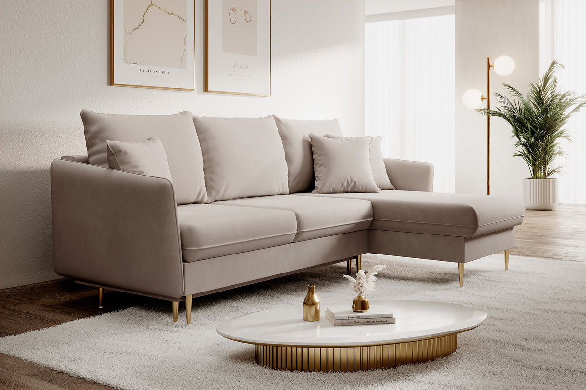 Canapé d'angle Volio beige velours hydrofuge pieds dorés avec fonction couchage
