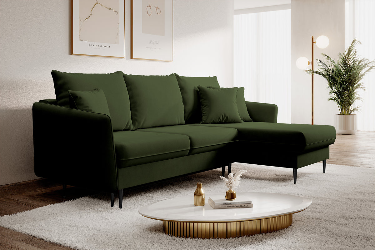 Canapé d'angle Volio avec fonction couchage, velours hydrofuge olive, pieds noirs