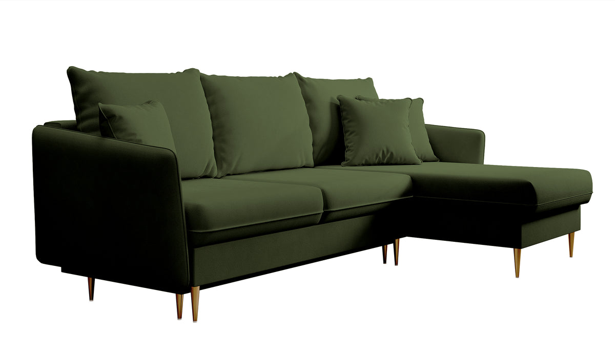 Canapé d'angle Volio en velours hydrofuge olive avec fonction couchage et pieds dorés
