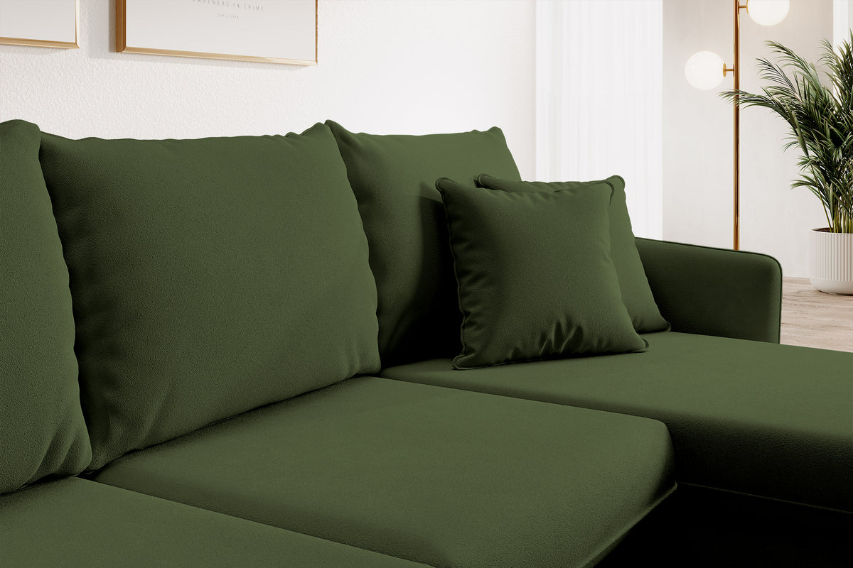 Canapé d'angle Volio en velours hydrofuge olive avec fonction couchage et pieds dorés
