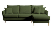 Canapé d'angle Volio en velours hydrofuge olive avec fonction couchage et pieds dorés