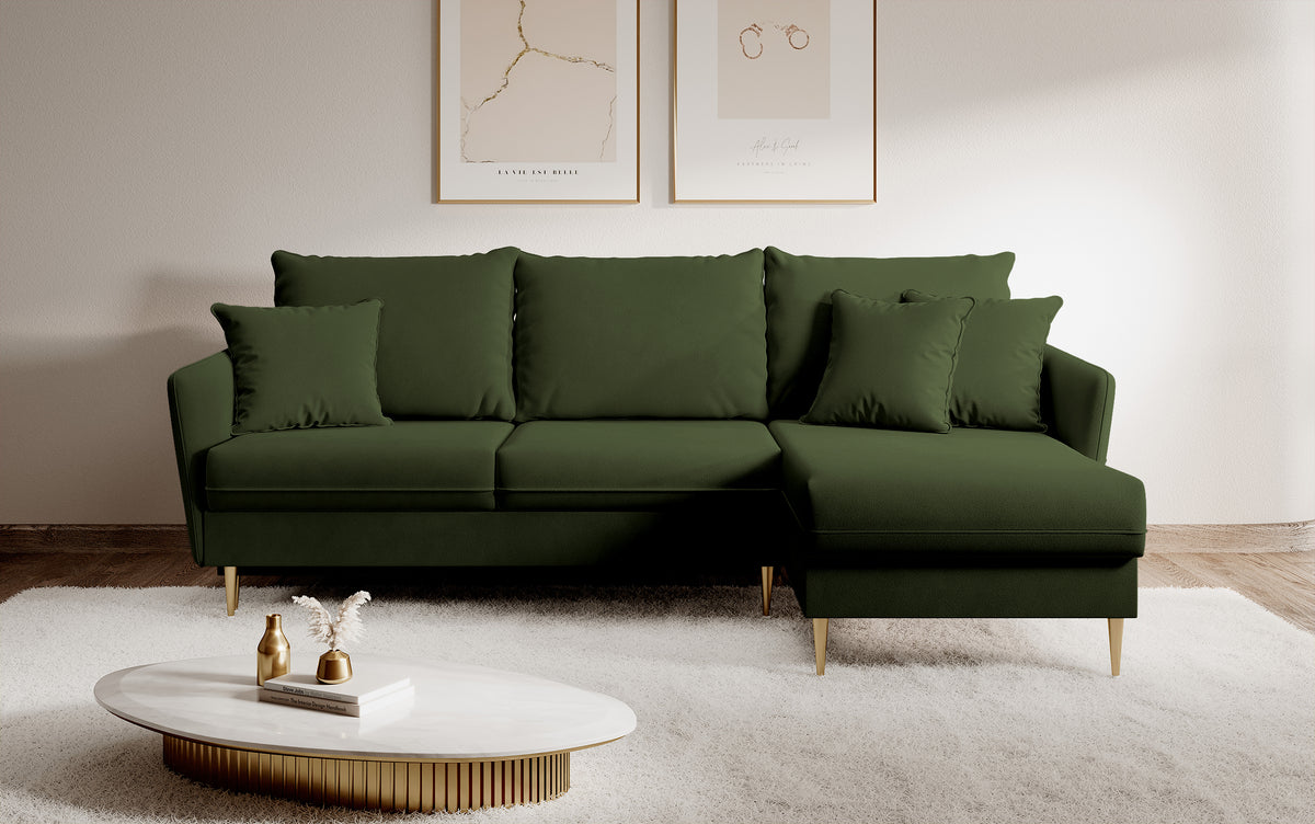 Canapé d'angle Volio en velours hydrofuge olive avec fonction couchage et pieds dorés