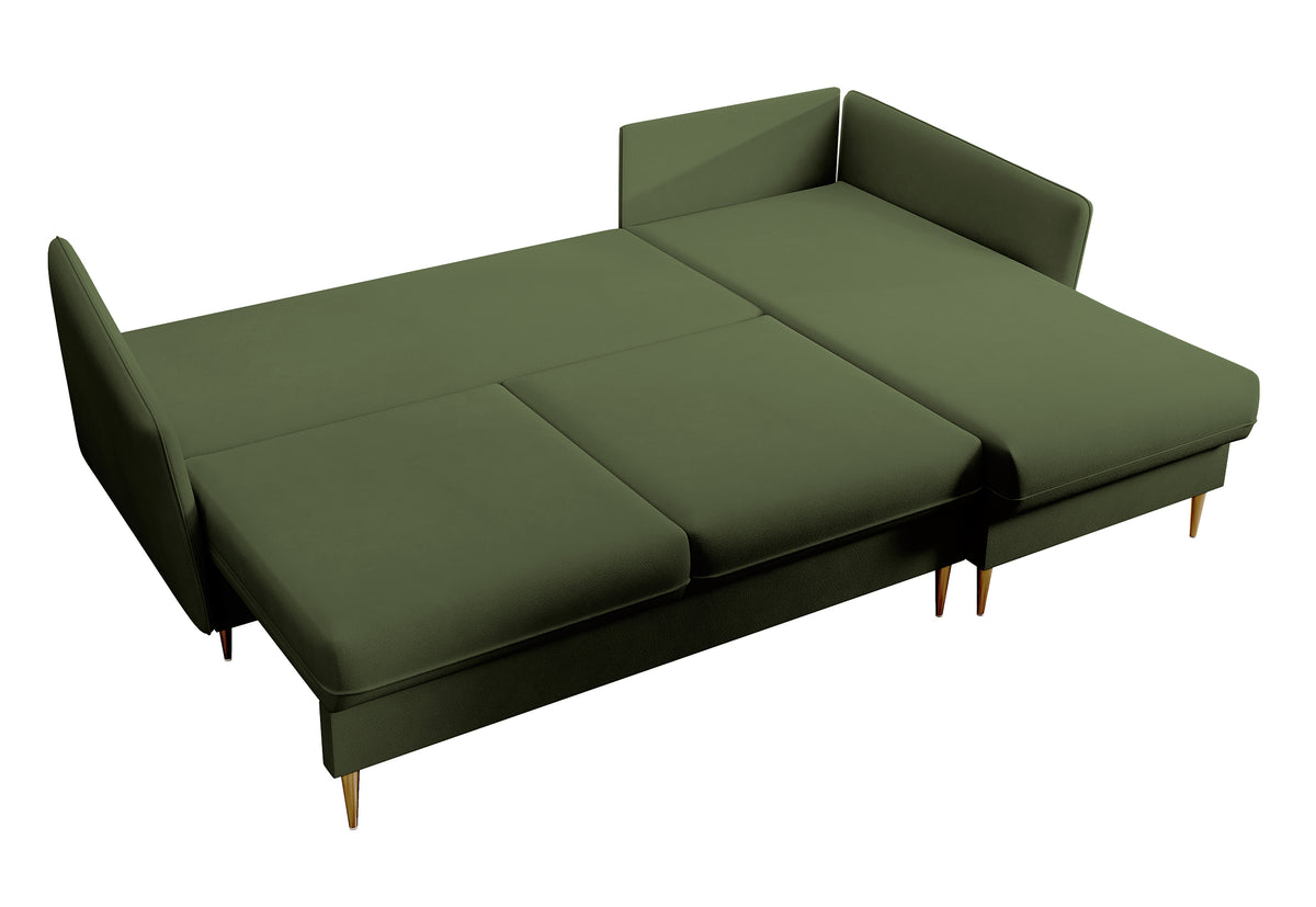 Canapé d'angle Volio en velours hydrofuge olive avec fonction couchage et pieds dorés