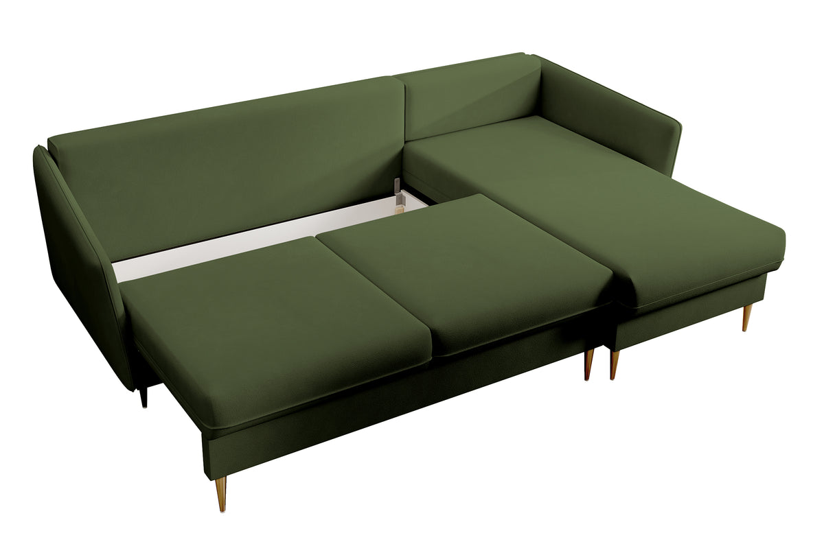 Canapé d'angle Volio en velours hydrofuge olive avec fonction couchage et pieds dorés