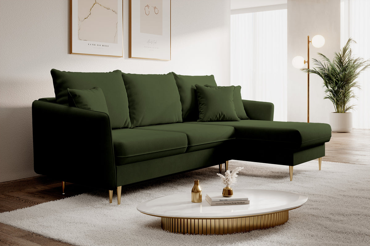 Canapé d'angle Volio en velours hydrofuge olive avec fonction couchage et pieds dorés