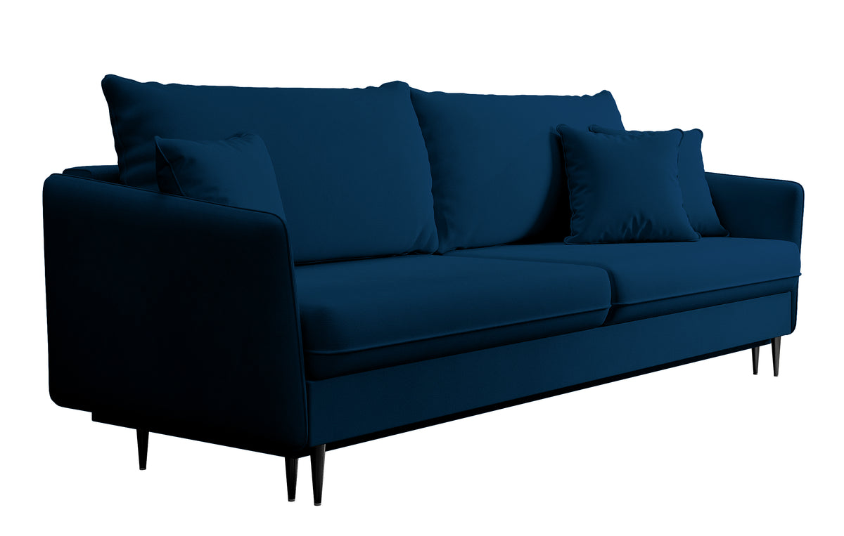 Dreisitziges ausklappbares Sofa Volio, samtblau, wasserabweisend, schwarze Beine