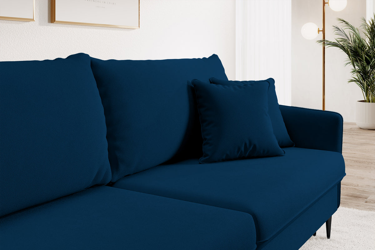 Dreisitziges ausklappbares Sofa Volio, samtblau, wasserabweisend, schwarze Beine